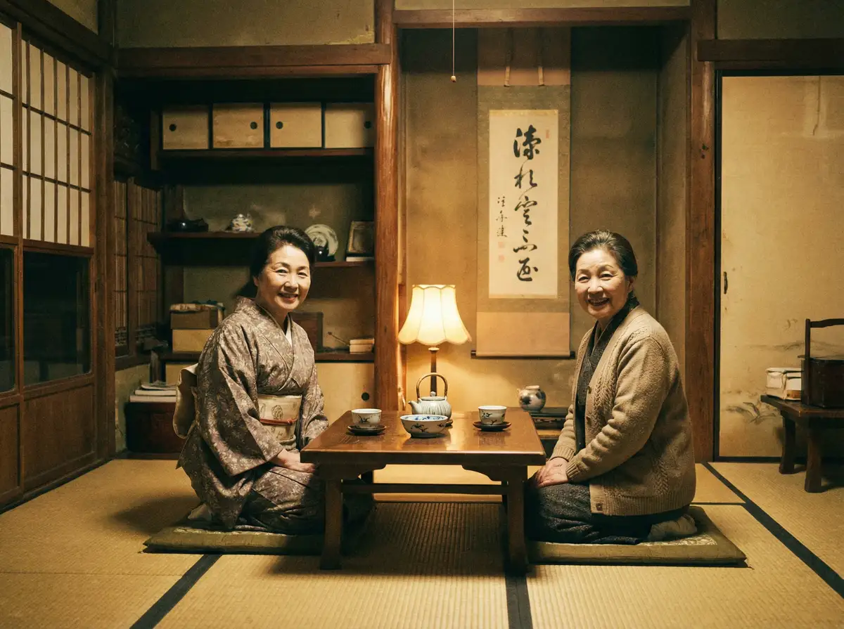 两位优雅的 桃乃木香 在日式茶室中品茶交谈